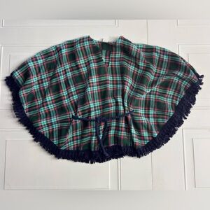 Vintage Womens Sz Small Green Blue Plaid Flannel Shawl Poncho Rope Belt Fringe